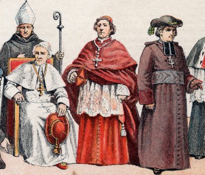 Figurinos religiosos: de g a d uma eveque usando a mitra e segurando o rabo episcopal, o Papa Leão XIII (Leone XIII) sentado, um cardeal em prelazia (ou cappa magna), e uma eveque de casaco - de l a r, bispo com mitra e báculo, o papa L de French School