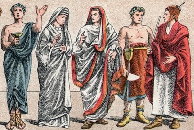 Fatos religiosos na Antiguidade: de g a d retrato de um sacerdote grego, ministro de sacrifício, uma vestal, preestrela da Roma antiga e um Grande Pontífice na Roma antiga (Pontifex maximus), um popa e um flamino (flamengo) sacerdote romano dedicado ao cul de French School