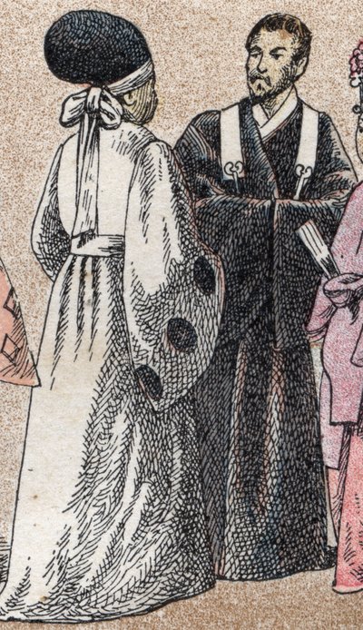 Figurinos religiosos na Ásia: dois sacerdotes xintoístas do Japão - Gravura - Figurinos religiosos na Ásia: dois sacerdotes xintoístas do Japão - Gravura - Colecção privada de French School
