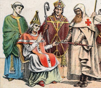 Fatos religiosos na Idade Média: de g a d um padre do século X, um papa do século XI, um eveque (com uma mitra e um rabo) até ao século XII e um membro da Ordem dos Hospitaleiros (Ordem de São João de Jerusalém) - Custo religioso de French School