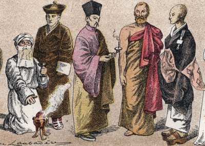 Figurinos religiosos da Ásia: de g a d retrato de um padre Parsi (parse ou seguidor do parsismo), Lama (mestre espiritual tibetano), padre budista chinês, Ceylon bonze e padre budista japonês - Gravura - Figurinos religiosos na Ásia: da esquerda para a dir de French School