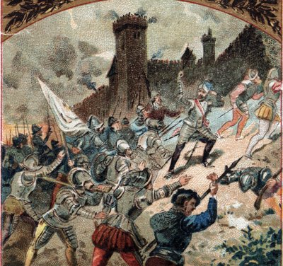 Guerras religiosas: os huguenotes tomaram o castelo de Dampierre em 1567. Cromolitografia do final do século XIX de French School