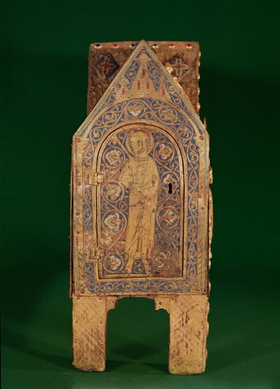 Peitoral Relíquio de São Calminius, detalhe de São Pedro segurando as chaves, Limoges (cobre & esmalte de champanhe) de French School