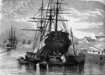 Reparação de um navio (o vaporizador "Vera Cruz"): levantamos a traseira para colocar o helicóptero descoberto. 1863. Gravura em "Le Monde Illustré" n°320 de 30 de Maio de 1863. de French School