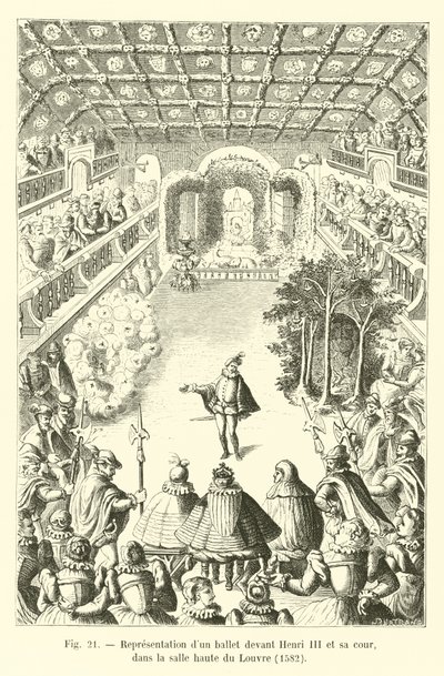 Representação de um balé perante Henrique III e sua corte, no salão superior do Louvre, 1582 de French School