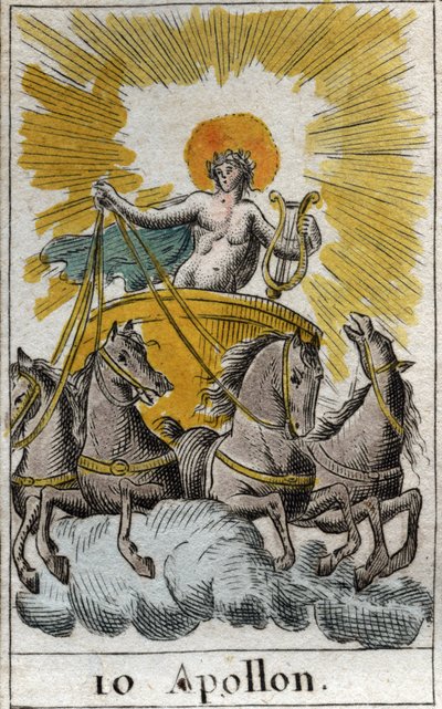 Representação de Apolo, deus do canto, da música e da poesia, na sua carruagem (Apolo, deus da luz, da música, da poesia). Da "Mitologia da Juventude" de Pierre Blanchard 1803. de French School