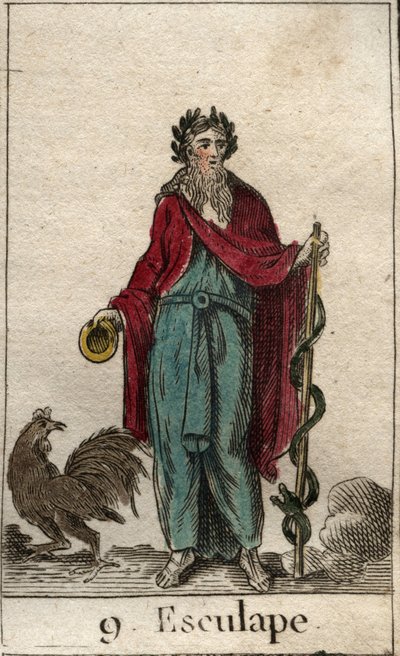 Representação de Asclepios, deus da Medicina, segura na mão um bastão de Asclepios (decíduo), um bastão de pelerina sobre o qual se enrola uma cobra, símbolo do conhecimento (O deus da Medicina, Asclepios (ou Asclepios ou Aesculapius) segurando uma Vara de de French School