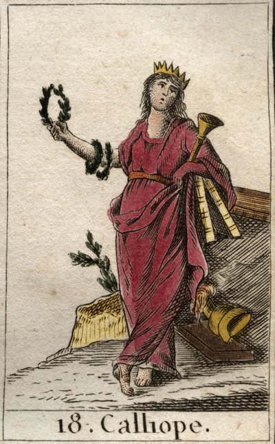 Representação de Calliope, musa da poesia épica, ela segura na mão uma coroa e a trombeta da epopeia (Representação de Calliope, Musa da poesia heróica). De "Mitologia da Juventude", de Pierre Blanchard 1803. de French School