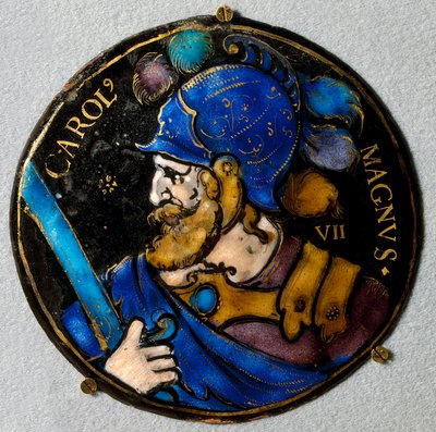 Representação de Carlos Magno (Carlos I, o Grande) (742 - 814), Rei da França. Medalhão em e-mail de Limoges do século XVI. Ouça, Museu Nacional da Renascença de French School