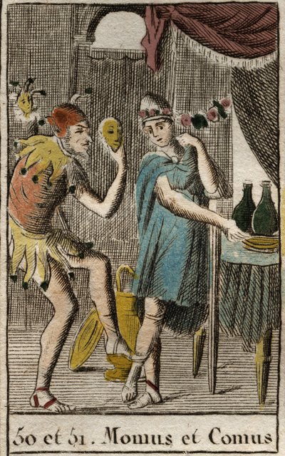 Representação de Comus, divinite dos gourmets e da culinária, preside festas, represente se inclina sobre uma estaca com uma tocha e Momos, personificação da zombaria e do sarcasmo, é representado como um bobo da corte. (Momus a personificação da sátira e  de French School
