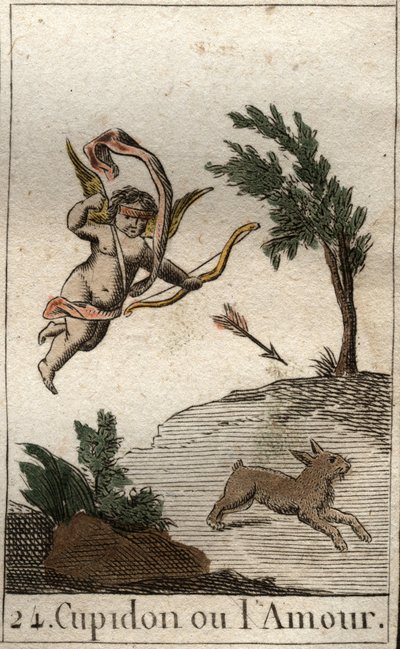 Representação de Cupido, ou Amour, servo de Vênus, como uma criança vendada, desenhando uma flecha (Cupido, deus do Amor, como uma criança vendada, desenhando uma flecha). Da "Mitologia da Juventude", de Pierre Blanchard 1803. de French School