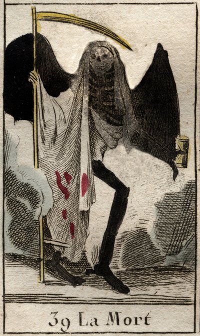 Representação da Morte, esqueleto vestido de preto e asas, ele segura uma grande falsificação. (A Morte, esqueleto alado vestido de preto, segurando uma foice) De "Mythologie de la jeunesse", de Pierre Blanchard 1803. de French School