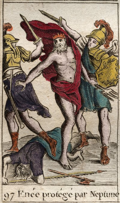 Representação de Enee que, protegido por Netuno, se desvia da luta contra Aquiles. (Representação de Enéas que, protegido por Netuno, se afasta da luta contra Aquiles). Da "Mitologia da Juventude" de Pierre Blanchard 1803. de French School