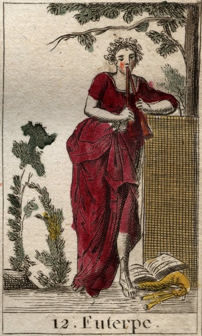 Representação de Euterpe, musa da música, rodeada de livros de música e tocando flauta dupla (aulos) (Euterpe, musa da música, representando segurando uma flauta dupla (aulos)). Da "Mitologia da Juventude", de Pierre Blanchard 1803. de French School