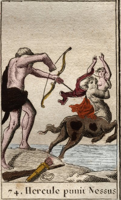 Representação de Hércules decocando uma flecha envenenada para o centauro Nessus (Nessos) que sequestra sua esposa Dejanire (Hércules (Heracles) disparou uma flecha envenenada para o centauro Nessus que tenta sequestrar Deianira) De "Mythologie de la jeune de French School