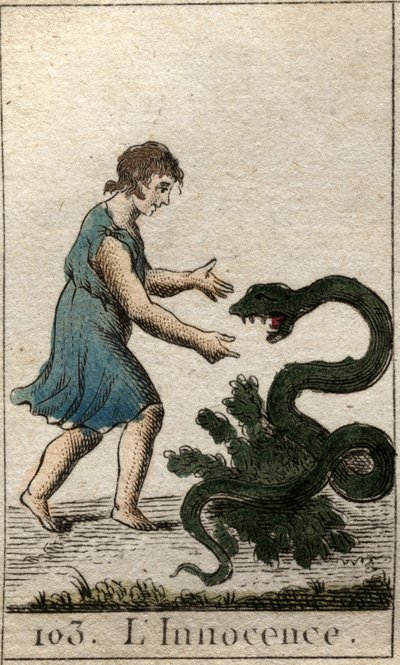 Representação da Inocência, como uma criança alimentando uma cobra perigosa. Da "Mitologia da Juventude", de Pierre Blanchard 1803. de French School