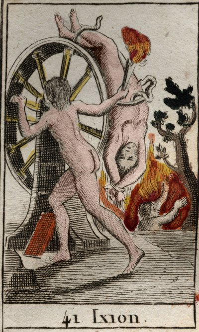 Representação de Ixion, punido pelos deuses, ele está condenado a ser acorrentado a uma roda em chamas que gira sem fim. (Ixion, castigado pelos deuses, está preso a uma roda ardente alada que gira sempre) De "Mythologie de la jeunesse", de Pierre Blanchar de French School