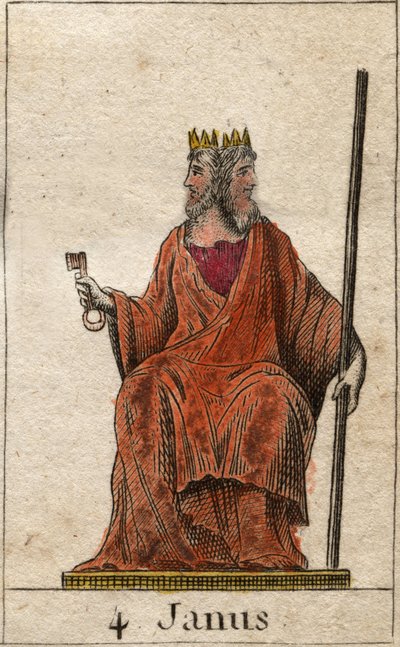 Representação de Janus, divindade do início e passagens, ele é representado com duas faces (Janus (ou Ianus) é o deus dos portões, portas, começos e fins, representado com duas faces e uma chave). Da "Mitologia da Juventude", de Pierre Blanchard 1803. de French School