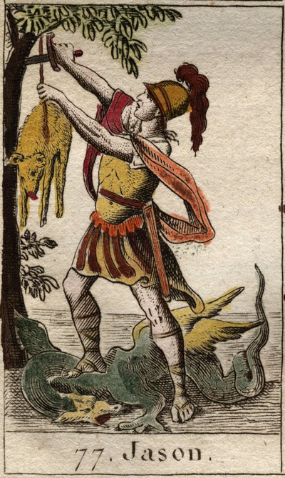 Representação de Jason, recuperando o Velo de Ouro, velo de Chrysomallos, ala Belier, após o triunfo do dragão adormecido que guardava o velo de Ouro e o apanhava. Da "Mitologia da Juventude", de Pierre Blanchard 1803. de French School