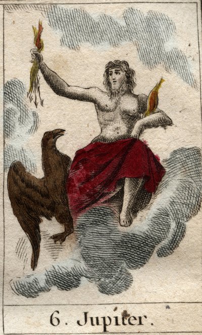 Representação de Júpiter (ou Jove), rei dos deuses, e o deus do céu e do trovão). De "Mythology of Youth" de Pierre Blanchard 1803. de French School