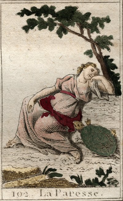Representação da Preguiça, filha da Noite e do Sono como um jovem com uma tartaruga. Da "Mitologia da Juventude", de Pierre Blanchard 1803. de French School