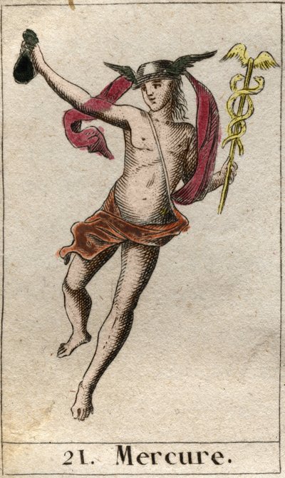 Representação de Mercúrio, deus do comércio, das viagens e mensageiro de outros deuses. Ele segura um caduceu, e usa uma petase (Mercúrio, deus do comércio e mensageiro dos outros deuses, ele segura um caduceu, e usa um petasos). Da "Mitologia da Juventude de French School