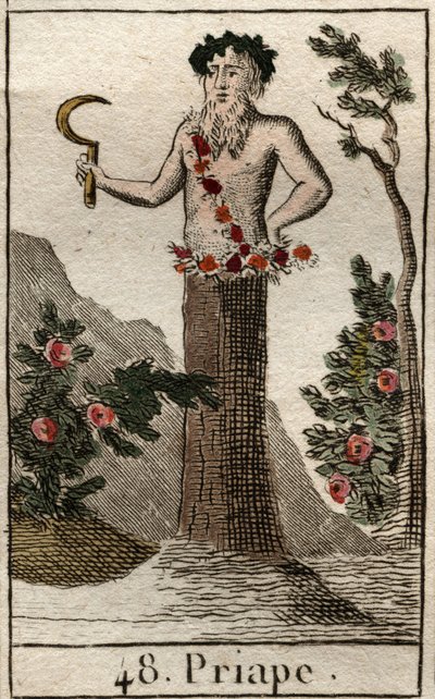 Representação de Priape, deus da libertinagem e da fertilidade, muitas vezes representa com um pênis gigante em ereção, segurando uma foice na mão. (Priapus, deus da fertilidade rústica, muitas vezes representado com um pênis permanentemente erecto, ele se de French School