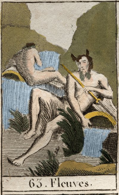 Representação de Rios, homens velhos com barba e cabelo molhado, eles estão sentados perto de urna virada (Representação de Strams, homens velhos com barba e cabelo molhado e, eles estão sentados perto de urna virada). Da "Mitologia da Juventude" de Pierre de French School