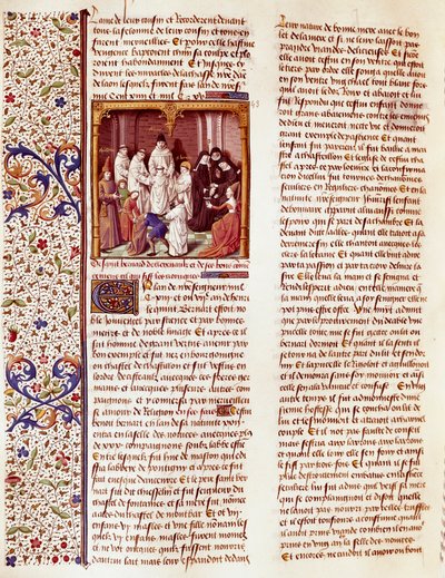 Representação de São Bernardo de Claraval (1090-1153) criança. Está no centro do quadro, com uma auréola sobre a cabeça. Miniatura em "Le miroir historial" (Speculum Historiale) (ms. 1196, fol. 372) de Vincent de Beauva de French School