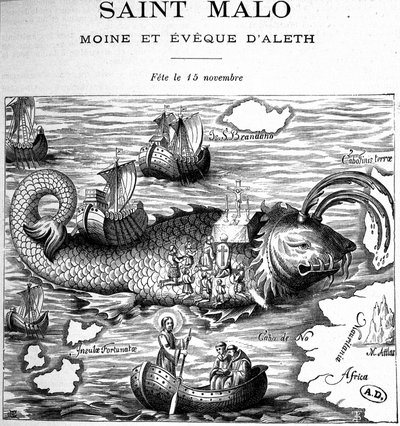 Representação de Saint Malo (Saint Maclou) no dorso de uma baleia representada no caminho de Saint Brendan (Brandan) por Clonfert ou Breanainn por Clonfert (ca. 484-577/578) - gravura de French School