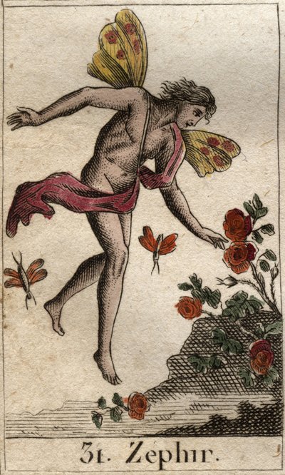Representação de Zephyr, personificação do vento oeste. (Zephyrus (ou Zephyr) personificação do vento oeste). Da "Mitologia da Juventude", de Pierre Blanchard 1803. de French School