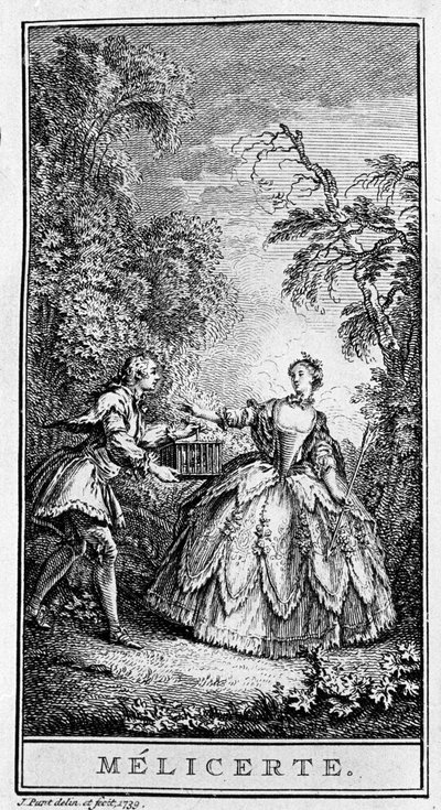 Representação de uma cena da peça "Melicerte" (1666) de Jean Baptiste Poquelin dit Moliere (1622-1673). Gravura a partir de 1739. de French School