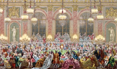 Representação de uma sessão do "Jeu du roi" na corte do rei Luís XV, o jogo do rei de French School