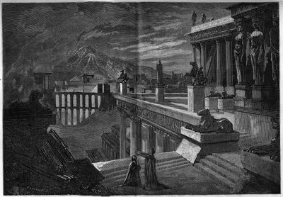Representação de uma ópera: "Herculanum" sobre um libreto de Joseph Mery (1798-1866) e T. Hadot e uma música de Felicien David (1808-1876). A cidade de Herculanum no momento da sua destruição durante a erupção da Vesúvia (última cena do Acto V). Thea de French School