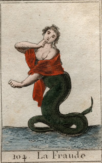Representação de trapaça (desonestidade), como uma serpente perigosa com uma cabeça de mulher sorridente). De "Mythology of Youth" de Pierre Blanchard 1803. de French School