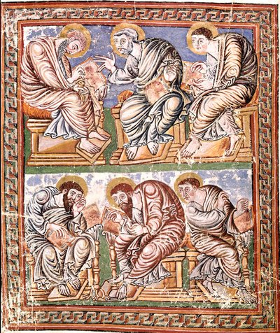 Representação de seis apotres miniatura carolíngia da escola de Reims extraída da "Collectio Canon Hadriana" (Ms A-5 f. 14 v) (provável coleção de decretales redigida por Incmar de Reims) Final do século IX Biblioteca Vallicelliana Roma de French School