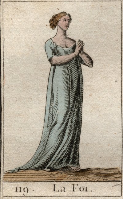 Representação da Fé, mulher vestida de branco com as mãos juntas. (A Fé como uma mulher jovem, vestida de branco, com as mãos unidas). Da "Mitologia da Juventude", de Pierre Blanchard 1803. de French School
