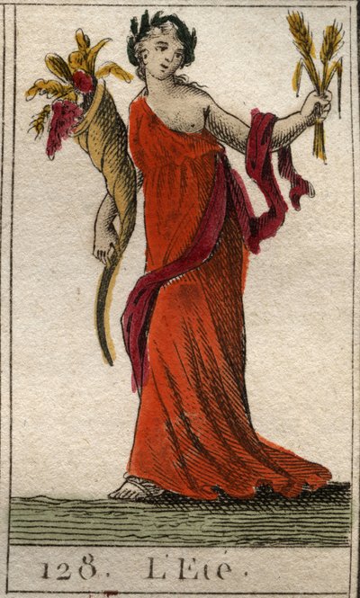 Representação da temporada de verão como Ceres segurando uma coroa de trigo e um chifre de abundância. (O Verão representado como Ceres segurando uma folha e uma cornucópia). Da "Mitologia da Juventude" de Pierre Blanchard 1803. de French School
