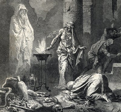 Representação da Bruxa de Endor (ou Pitonisa de Endor), uma aldeia cananéia mencionada no primeiro livro de Samuel (Bíblia) que tem um talismã com o qual ela chama o fantasma do profeta Samuel recentemente decretado, a pedido de Saul, rei de Isr de French School