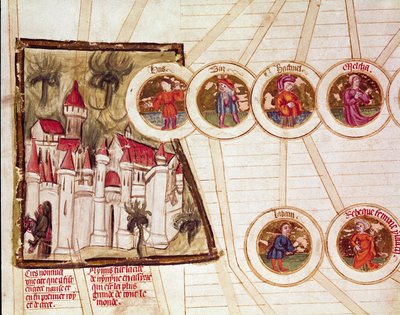 Representação da cidade de Nimrud (Kalkhu ou Kalhu ou Kalwakhum e Kalakh) e a genealogia da família de Laban e Rebecca Página retirada do manuscrito "Genealogia da Bíblia" da escola francesa. Cremone do século XIV, biblioteca governnativa de French School