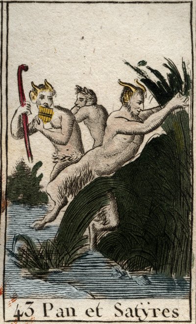 Representação do deus do campo Pan e satyres. Ele tem coxas peludas, pés de cabra, e toca flauta (Syrinx) tem vários canos. (O deus camponês Pan, representado com sátiros, tem pernas peludas e pés de cabra, toca syrinx ou flauta de pan) De "Mythologie de de French School