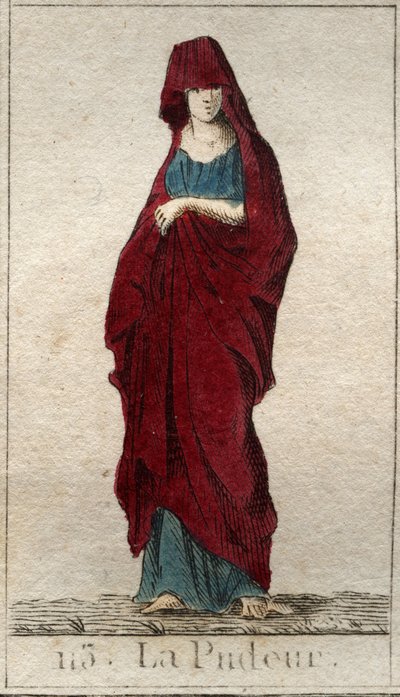 Representação da divindade da Modéstia, uma jovem mulher com o rosto coberto por um véu. (Representação da Prudishness, como uma mulher com o rosto coberto de véu). Da "Mitologia da Juventude", de Pierre Blanchard 1803. de French School