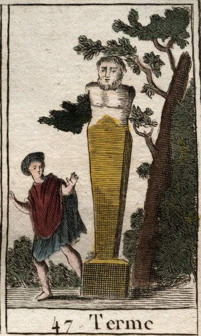 Representação do deus Terme, na forma de um terminal, para marcar possessões e terras. (Representação do deus terminal, em forma de terminal de pedra de terras e possessões). Da "Mitologia da Juventude", de Pierre Blanchard 1803. de French School