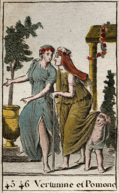 Representação do deus do Outono Vertumne e Pomonef, ninfa da fruta e da jardinagem. Vertumne tem o olhar de uma mulher velha para seduzir Pomone. (representação de Vertumne, deus do outono, com Pomona, deusa das frutas e dos jardins, trilha de Vertumne Pom de French School