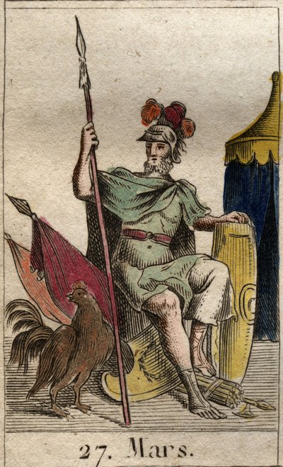 Representação do deus da guerra Marte, arma, perto de um galo. (O deus da guerra Marte armado com um garanhão). Da "Mitologia da Juventude", de Pierre Blanchard 1803. de French School