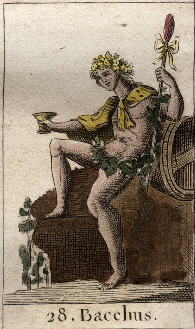 Representação do deus do vinho e da vindima Baco, segurando uma taça na mão. (O Deus do vinho e da vindima Baco com uma taça de vinho). Da "Mitologia da Juventude", de Pierre Blanchard 1803. de French School