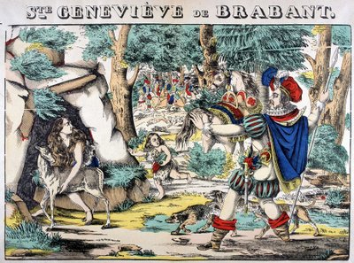Representação da lenda de Santa Geneviève de Brabant. Cena do encontro entre Genevieve abandonada no bosque e seu marido. Retrato de Epinal de French School