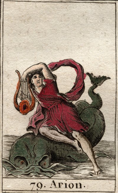 Representação do lendário poeta grego Arion de Methymne, encantador de golfinhos pelo seu cítara (Representação de Arion, poeta grego encantando os golfinhos pelo seu cítara). Da "Mitologia da Juventude", de Pierre Blanchard 1803. de French School