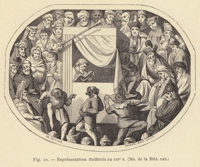 Representação teatral no século XIV, Sra. de la Bibl nat (gravura) de French School
