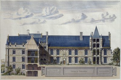 Restauração do Castelo de Chateaudun, ilustração do The Architectural Monitor, gravado por H. Penel (gravura a cores) de French School